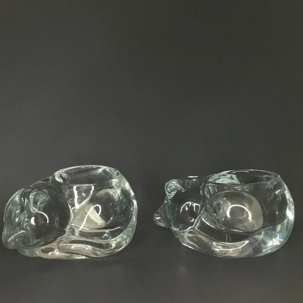 VTG Indiana Glass 2 Crystal Votive Candle Holder Sleeping Cat Figurine